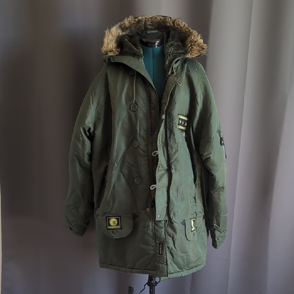 Very Rare! Seedless Olive Hooded Parka with Fur Trim